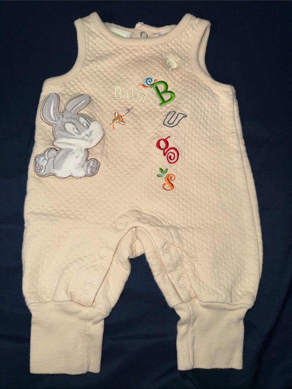 Warner Bros. Cream Quilted Bunny Patch Overalls with Colorful Embroidery